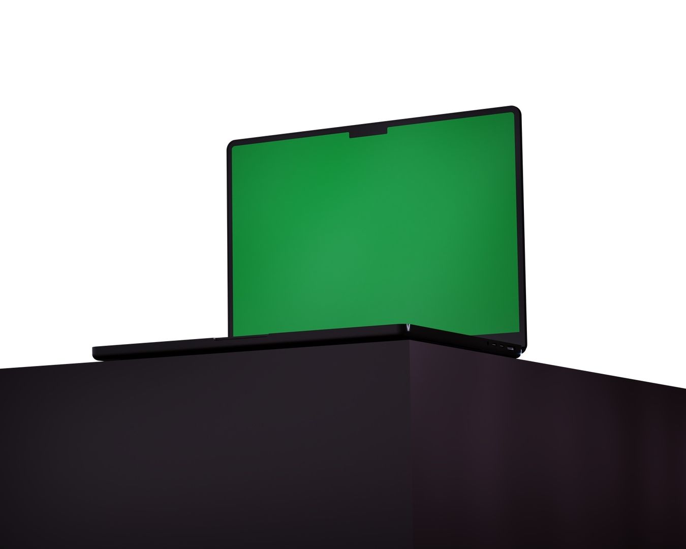 Svart laptop med grön skärm på ett mörkt bord